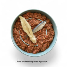 Load image into Gallery viewer, Ceramic dog bowl with raw food and lamb ear and sardines 
